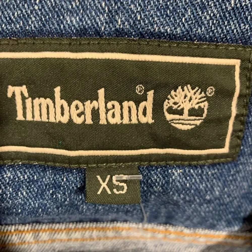 Timberland VTG 90s Jean Jacket Leather Trim Mid Wash Blue Western Trucker Men XS
